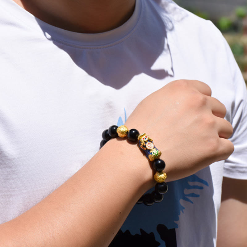 Pulsera de la riqueza con cuentas de obsidiana arcoíris de cobre Pixiu y Buddha Stones Feng Shui - image 3