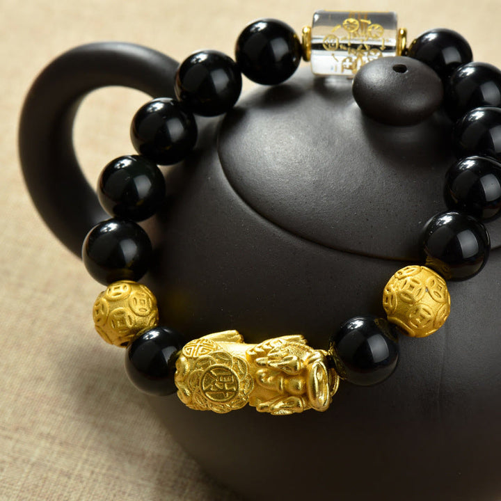 Pulsera de la riqueza con cuentas de obsidiana arcoíris de cobre Pixiu y Buddha Stones Feng Shui - image 20