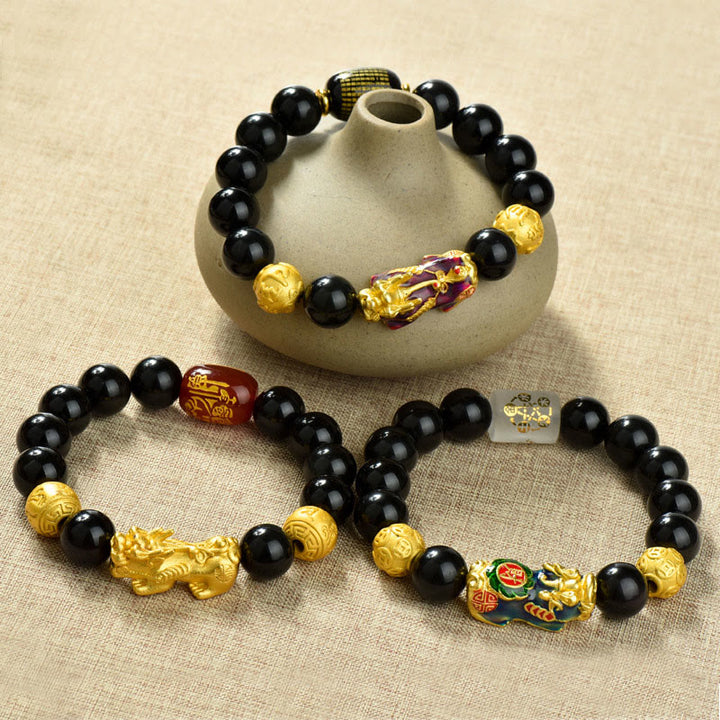 Pulsera de la riqueza con cuentas de obsidiana arcoíris de cobre Pixiu y Buddha Stones Feng Shui - image 29