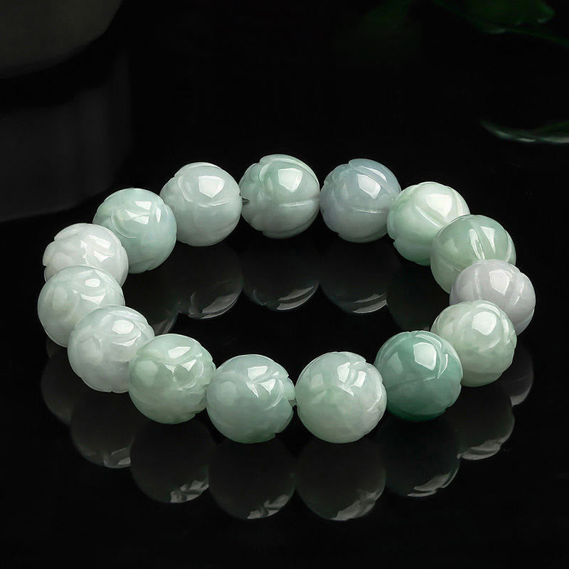 Pulsera de la prosperidad con talla de loto de jade natural y Buddha Stones - Jade-13,5 mm - image 1