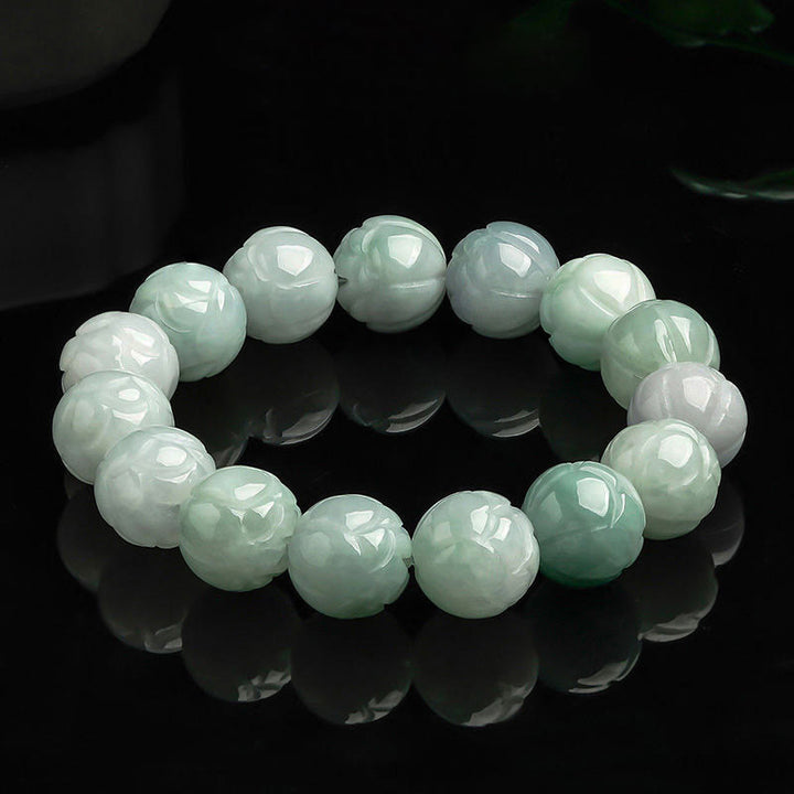 Pulsera de la prosperidad con talla de loto de jade natural y Buddha Stones - Jade-13,5 mm - image 1