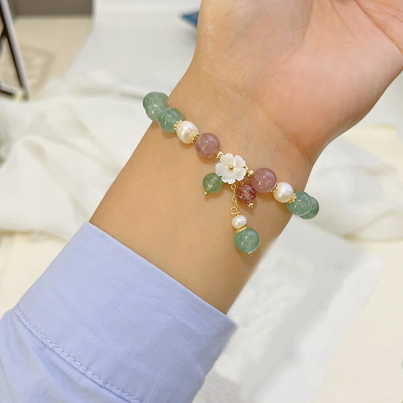 Pulsera relajante de concha de cuarzo fresa verde y flor de durazno con Buddha Stones - image 4