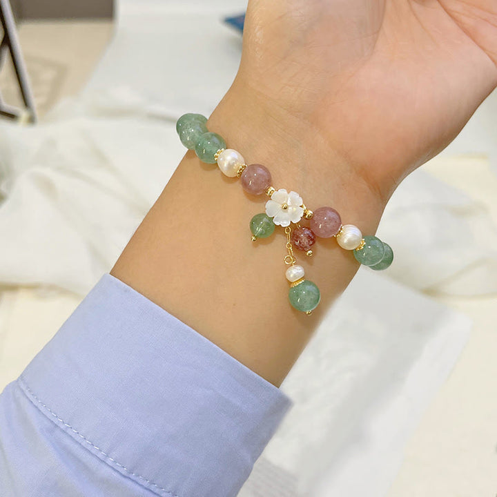 Pulsera relajante de concha de cuarzo fresa verde y flor de durazno con Buddha Stones - image 4