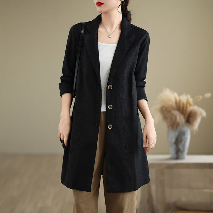 Abrigo de lino y algodón con solapa y diseño informal de botones de otoño con Buddha Stones y bolsillos para mujer - Negro - US8-10，UK/AU12-14，EU40-42 (2XL) - image 0