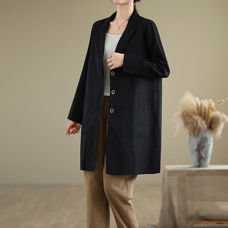 Abrigo de lino y algodón con solapa y diseño informal de botones de otoño con Buddha Stones y bolsillos para mujer - image 2