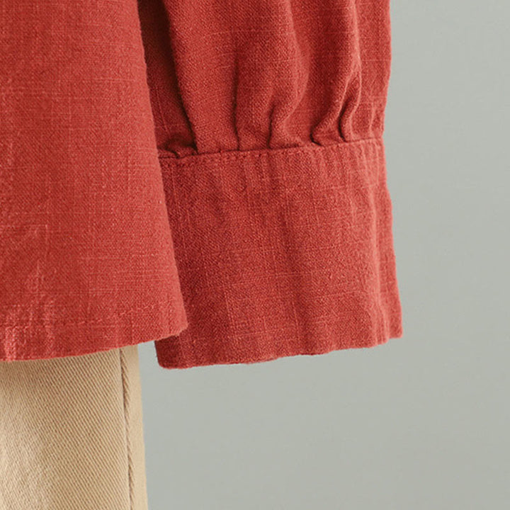 Camisa de lino y algodón con diseño de rana china simple de color liso para mujer de Buddha Stones - image 18