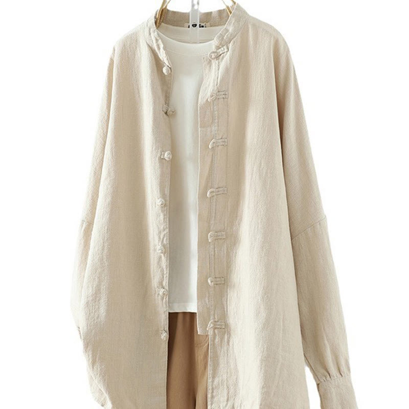 Camisa de lino y algodón con diseño de rana china simple de color liso para mujer de Buddha Stones - image 10