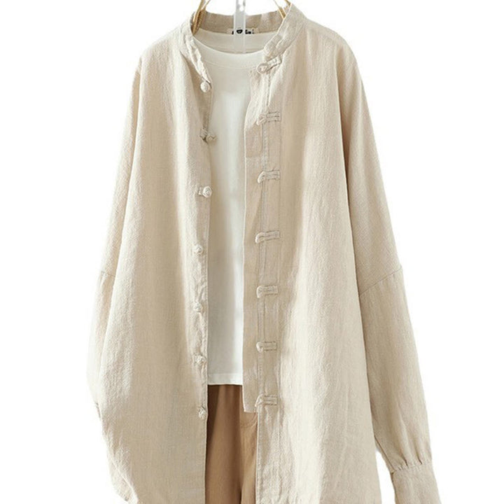 Camisa de lino y algodón con diseño de rana china simple de color liso para mujer de Buddha Stones - image 10