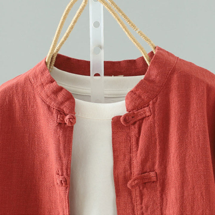 Camisa de lino y algodón con diseño de rana china simple de color liso para mujer de Buddha Stones - image 16