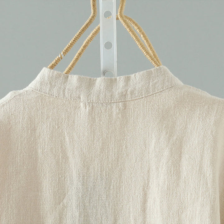 Camisa de lino y algodón con diseño de rana china simple de color liso para mujer de Buddha Stones - image 3