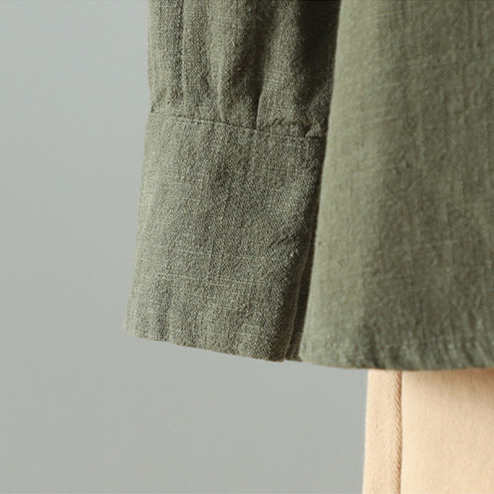 Camisa de lino y algodón con diseño de rana china simple de color liso para mujer de Buddha Stones - image 14