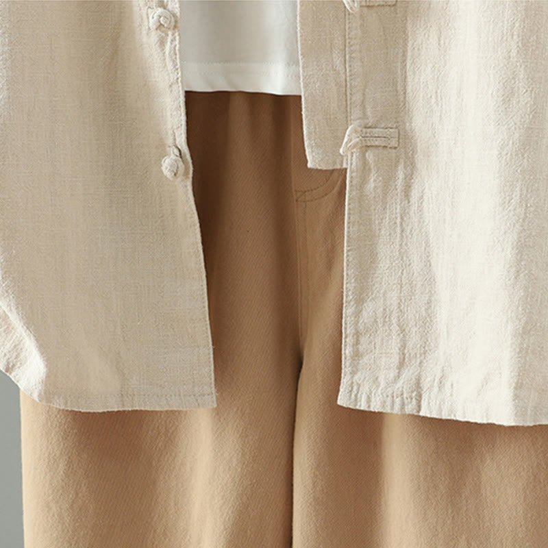 Camisa de lino y algodón con diseño de rana china simple de color liso para mujer de Buddha Stones - image 8