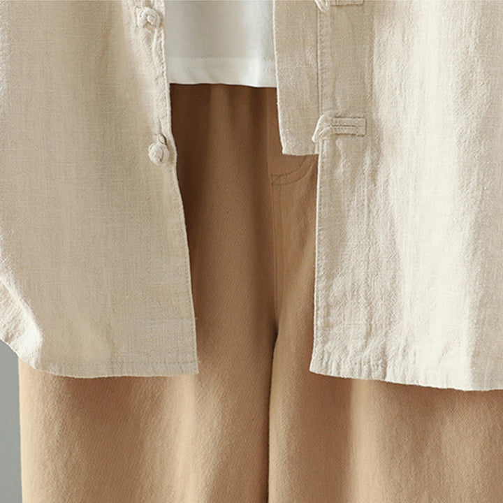 Camisa de lino y algodón con diseño de rana china simple de color liso para mujer de Buddha Stones - image 8