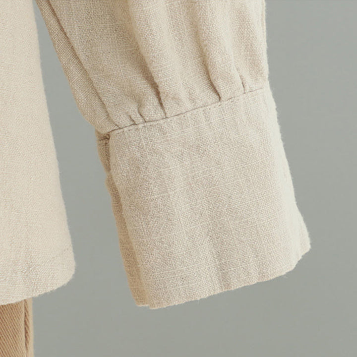 Camisa de lino y algodón con diseño de rana china simple de color liso para mujer de Buddha Stones - image 6