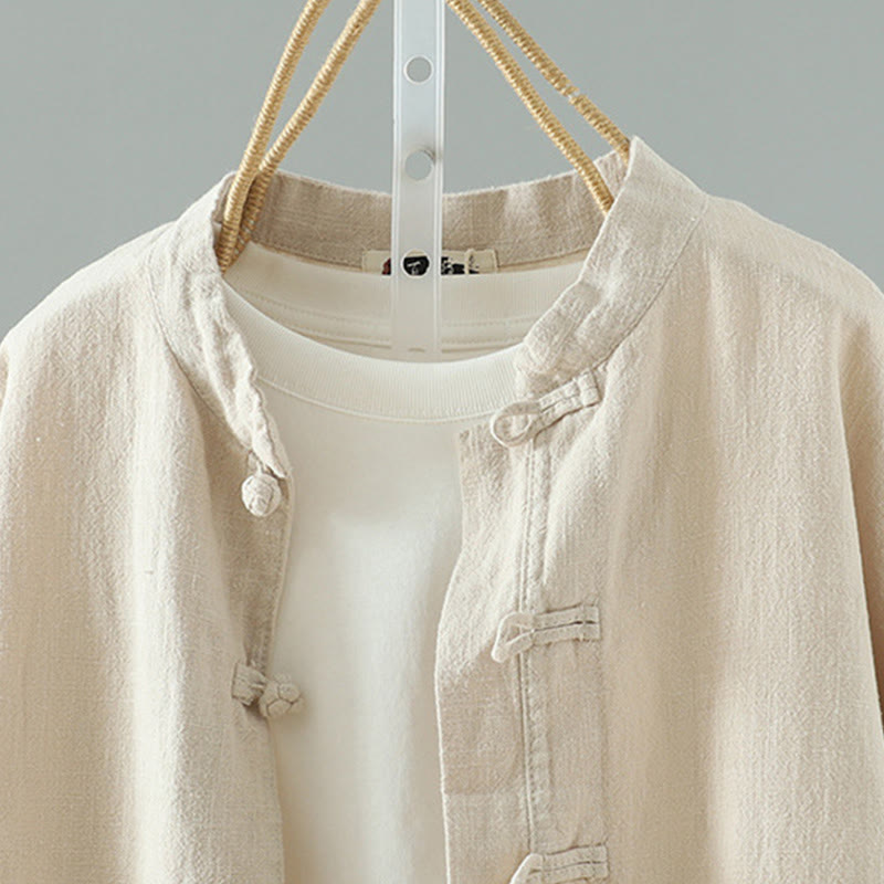 Camisa de lino y algodón con diseño de rana china simple de color liso para mujer de Buddha Stones - image 2