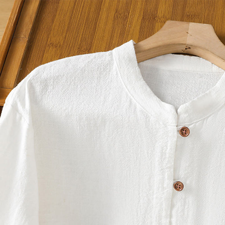 Camisa de lino y algodón para mujer con diseño de abertura y dobladillo simple en color liso con Buddha Stones - image 12