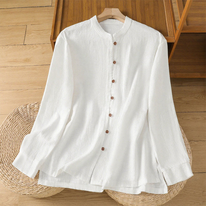 Camisa de lino y algodón para mujer con diseño de abertura y dobladillo simple en color liso con Buddha Stones - Blanco - US14，UK/AU18，EU46 (2XL) - image 10