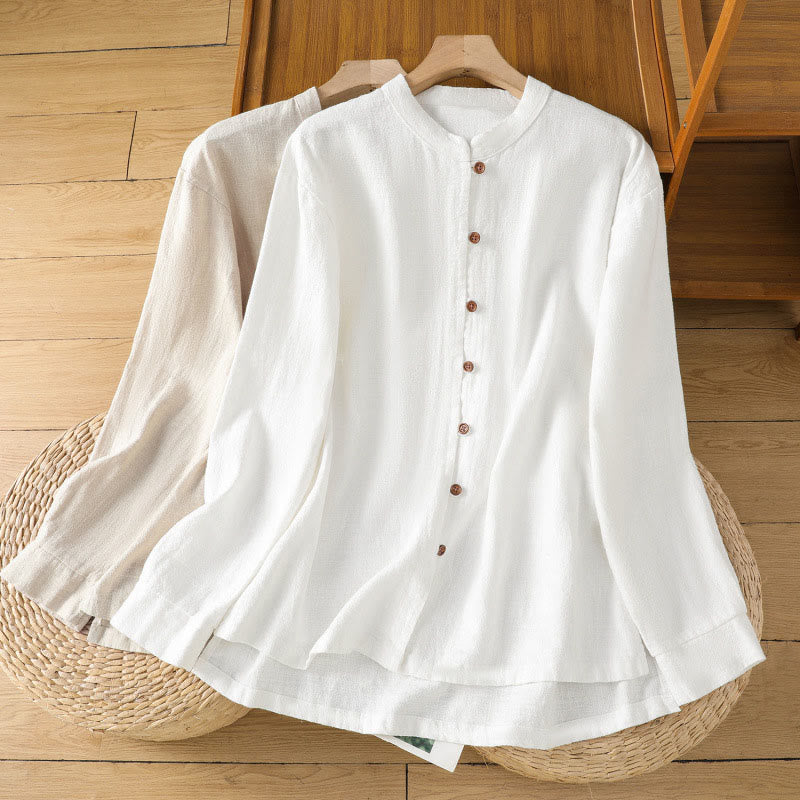 Camisa de lino y algodón para mujer con diseño de abertura y dobladillo simple en color liso con Buddha Stones - image 21