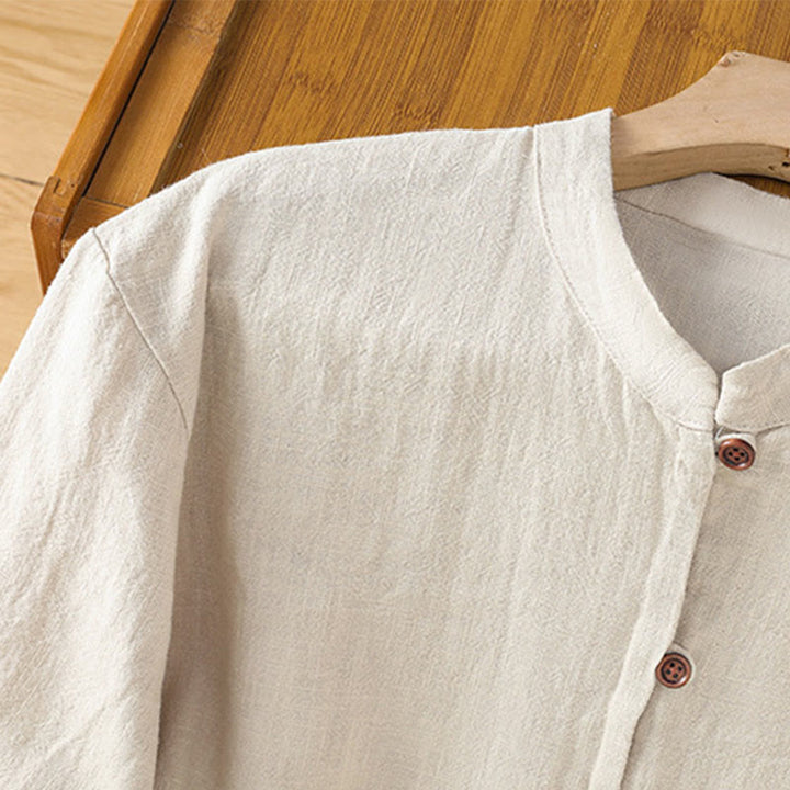 Camisa de lino y algodón para mujer con diseño de abertura y dobladillo simple en color liso con Buddha Stones - image 5