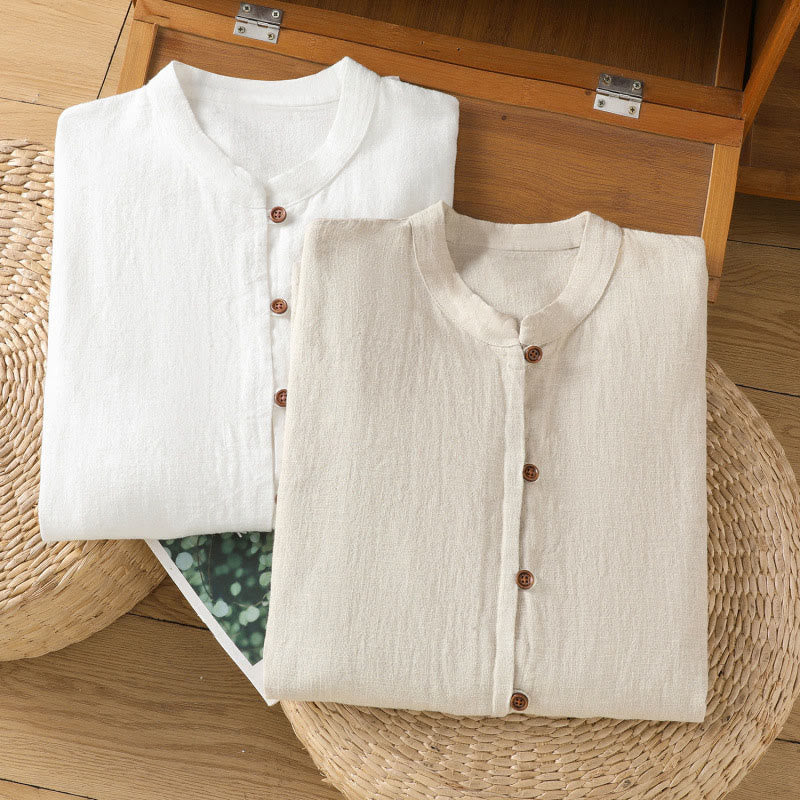 Camisa de lino y algodón para mujer con diseño de abertura y dobladillo simple en color liso con Buddha Stones - image 22