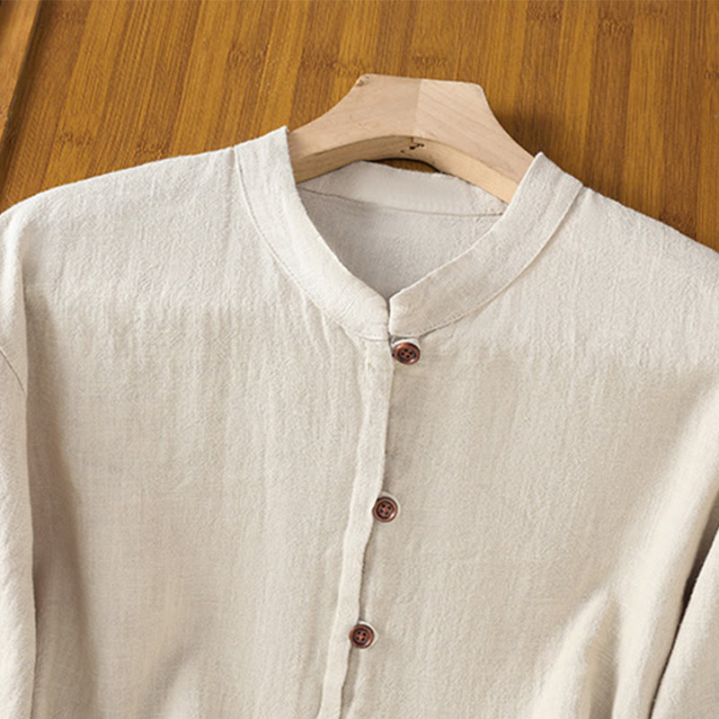 Camisa de lino y algodón para mujer con diseño de abertura y dobladillo simple en color liso con Buddha Stones - image 2