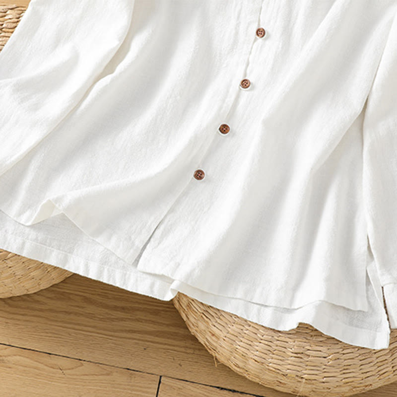 Camisa de lino y algodón para mujer con diseño de abertura y dobladillo simple en color liso con Buddha Stones - image 17