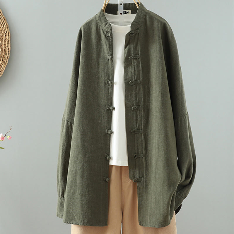 Camisa de lino y algodón con diseño de rana china simple de color liso para mujer de Buddha Stones - Verde oliva oscuro - US14，UK/AU18，EU46 (2XL) - image 11