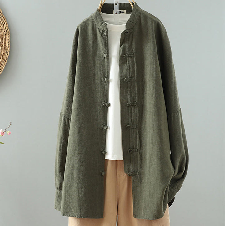 Camisa de lino y algodón con diseño de rana china simple de color liso para mujer de Buddha Stones - Verde oliva oscuro - US14，UK/AU18，EU46 (2XL) - image 11