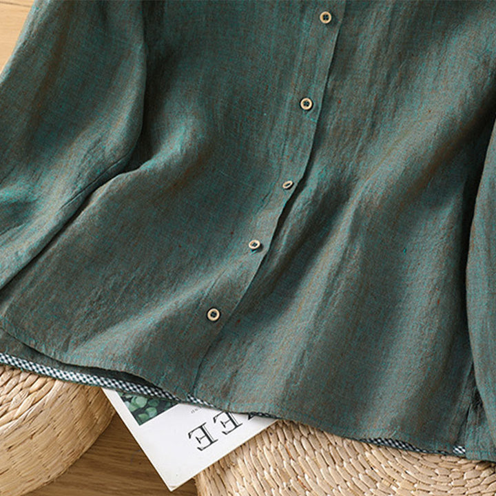 Camisa de lino y algodón para mujer con cuello redondo y volantes, diseño de botones de color liso y Buddha Stones - image 5