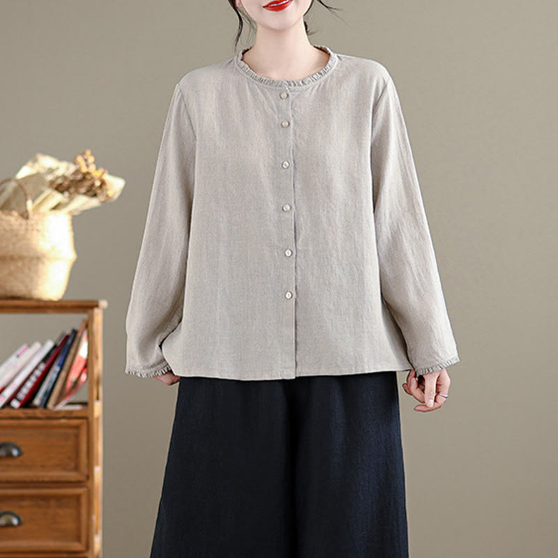 Camisa de mujer con cuello redondo y volantes, diseño de botones de color liso y Buddha Stones para primavera. - image 6