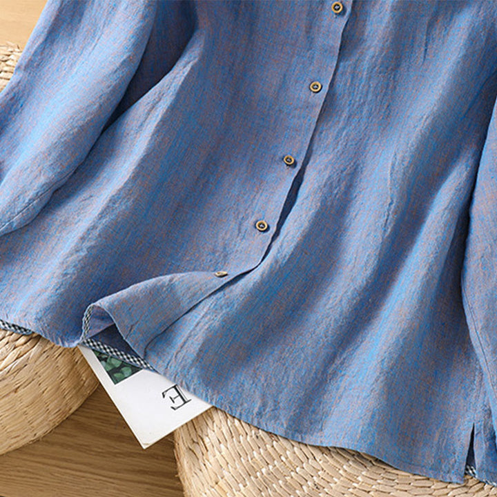 Camisa de lino y algodón para mujer con cuello redondo y volantes, diseño de botones de color liso y Buddha Stones - image 18