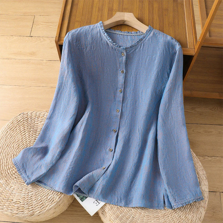 Camisa de lino y algodón para mujer con cuello redondo y volantes, diseño de botones de color liso y Buddha Stones - Azul aciano - US14，UK/AU18，EU46 (2XL) - image 16