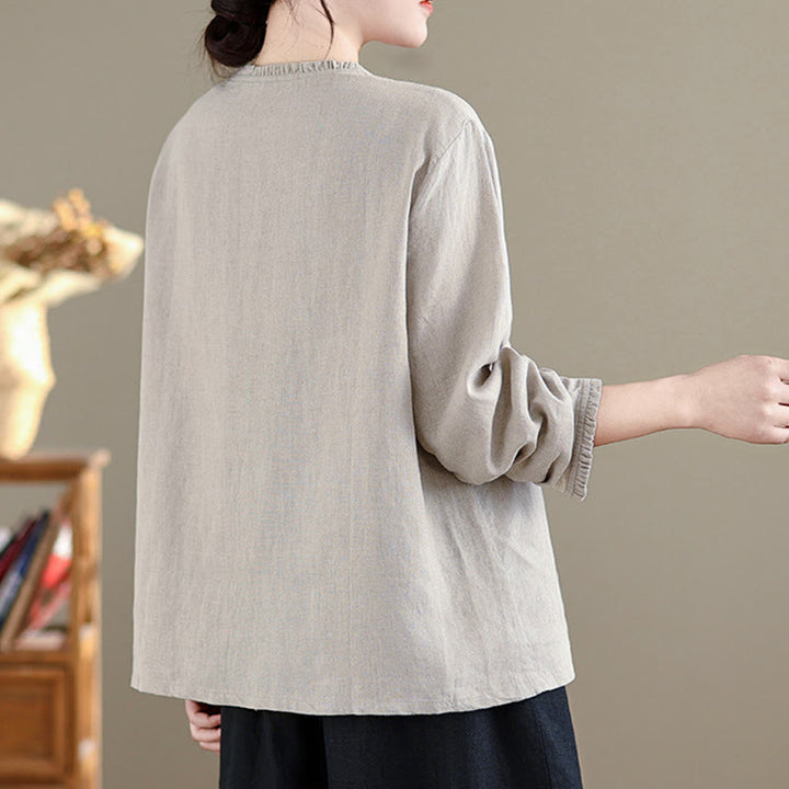 Camisa de mujer con cuello redondo y volantes, diseño de botones de color liso y Buddha Stones para primavera. - image 7