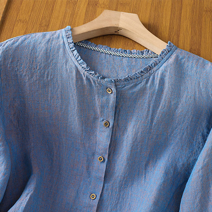 Camisa de lino y algodón para mujer con cuello redondo y volantes, diseño de botones de color liso y Buddha Stones - image 17