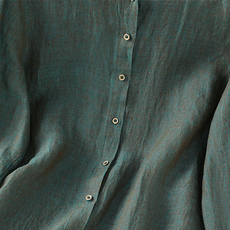 Camisa de lino y algodón para mujer con cuello redondo y volantes, diseño de botones de color liso y Buddha Stones - image 3