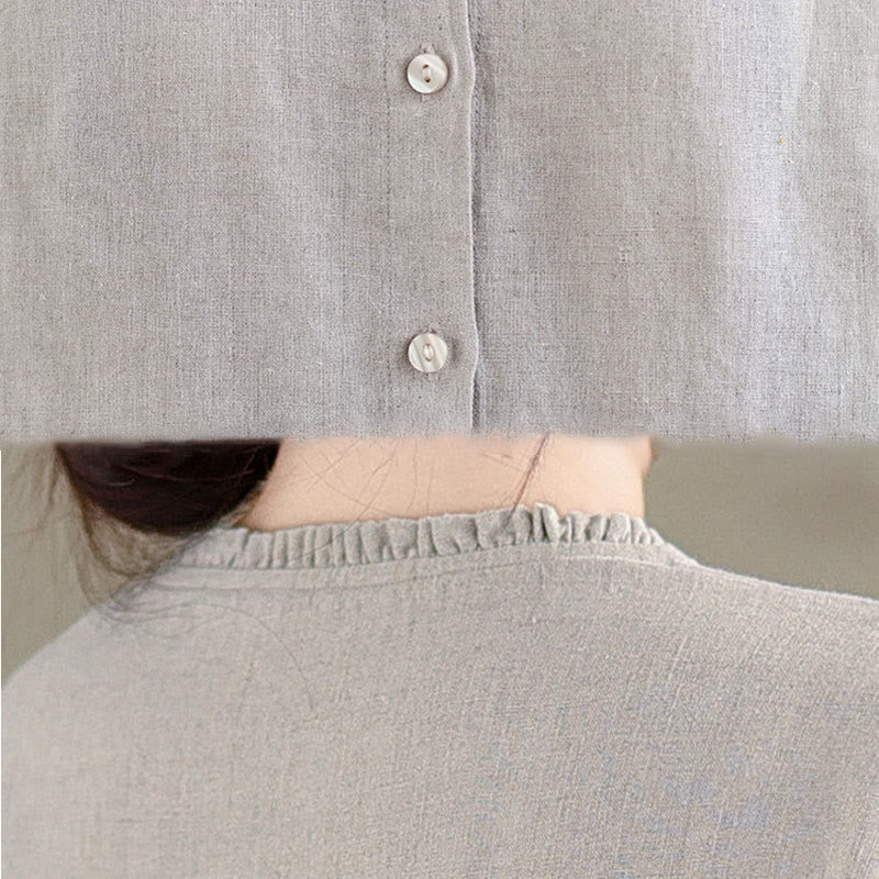 Camisa de lino y algodón para mujer con cuello redondo y volantes, diseño de botones de color liso y Buddha Stones - image 14