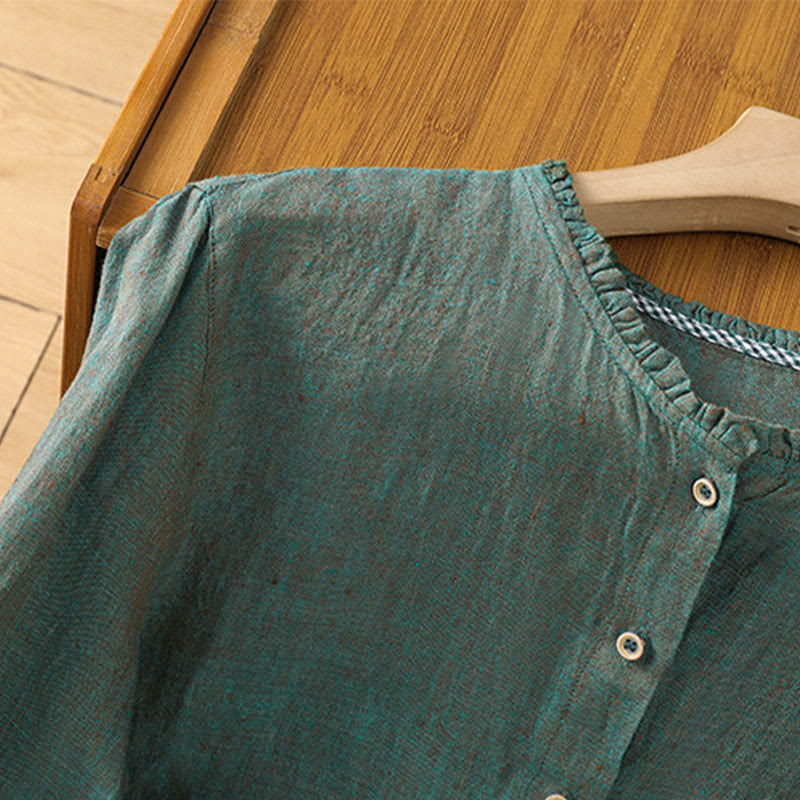Camisa de lino y algodón para mujer con cuello redondo y volantes, diseño de botones de color liso y Buddha Stones - image 2