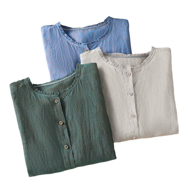 Camisa de lino y algodón para mujer con cuello redondo y volantes, diseño de botones de color liso y Buddha Stones - image 21