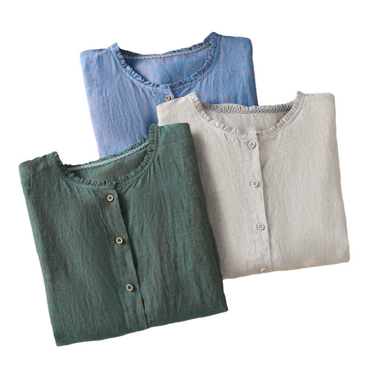 Camisa de lino y algodón para mujer con cuello redondo y volantes, diseño de botones de color liso y Buddha Stones - image 21