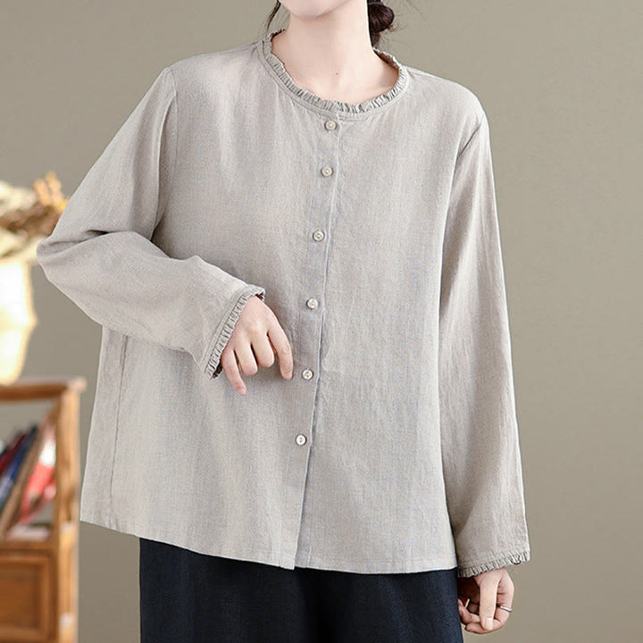 Camisa de mujer con cuello redondo y volantes, diseño de botones de color liso y Buddha Stones para primavera. - image 8