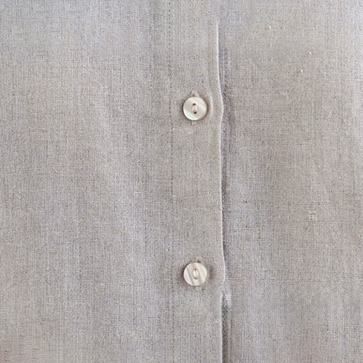 Camisa de lino y algodón para mujer con cuello redondo y volantes, diseño de botones de color liso y Buddha Stones - image 13