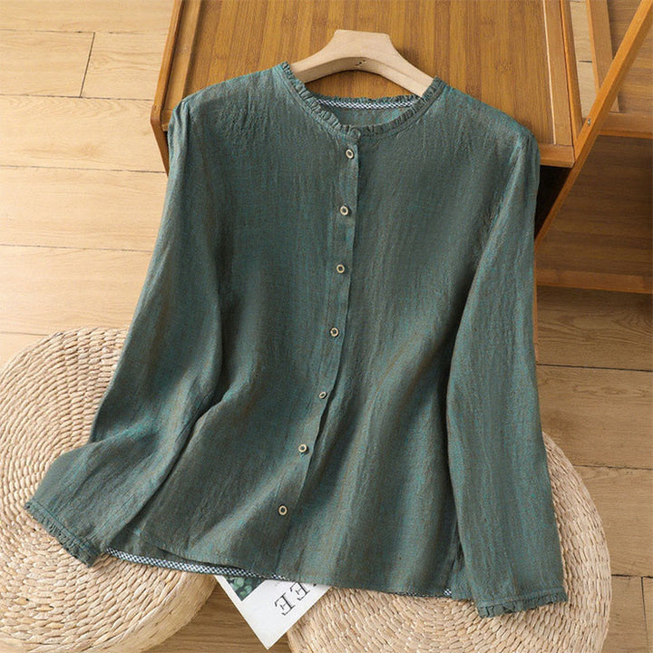 Camisa de lino y algodón para mujer con cuello redondo y volantes, diseño de botones de color liso y Buddha Stones - Verdemar - US14，UK/AU18，EU46 (2XL) - image 0