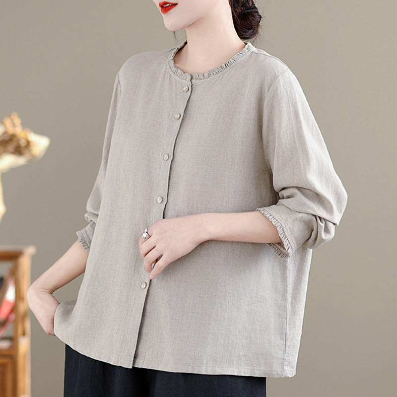 Camisa de mujer con cuello redondo y volantes, diseño de botones de color liso y Buddha Stones para primavera. - image 9