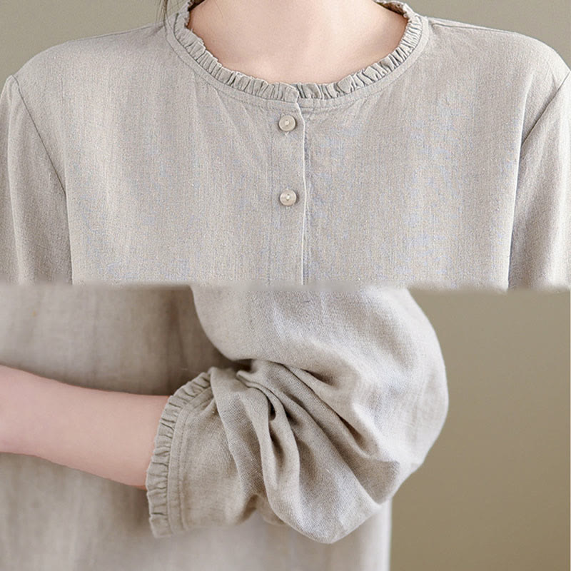 Camisa de mujer con cuello redondo y volantes, diseño de botones de color liso y Buddha Stones para primavera. - image 15