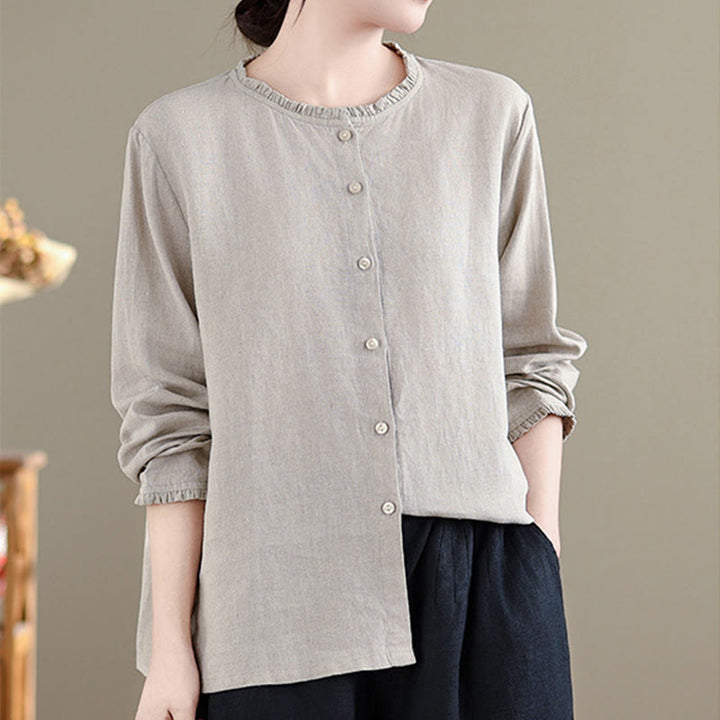 Camisa de mujer con cuello redondo y volantes, diseño de botones de color liso y Buddha Stones para primavera. - image 10