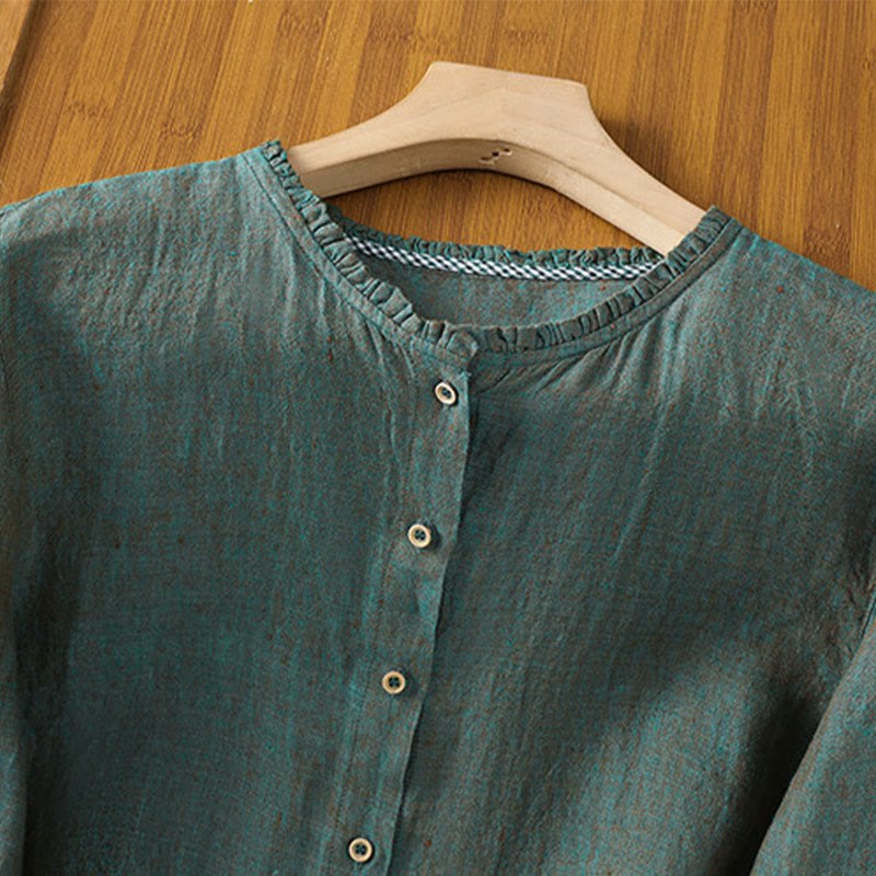 Camisa de lino y algodón para mujer con cuello redondo y volantes, diseño de botones de color liso y Buddha Stones - image 1