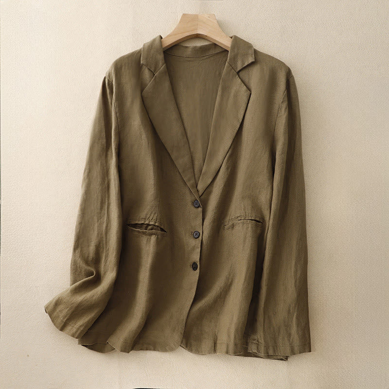 Chaqueta retro de lino y algodón con solapa de color puro para mujer con bolsillos Buddha Stones Commute - Vara de oro oscura - US14，UK/AU18，EU46 (2XL) - image 1