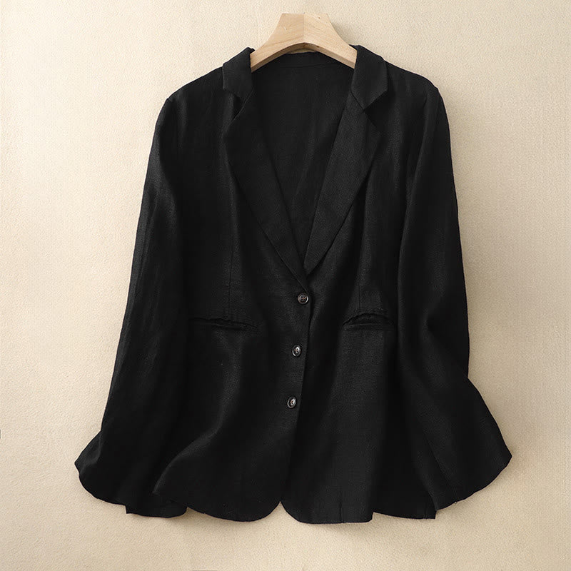 Chaqueta retro de lino y algodón con solapa de color puro para mujer con bolsillos Buddha Stones Commute - Negro - US14，UK/AU18，EU46 (2XL) - image 4