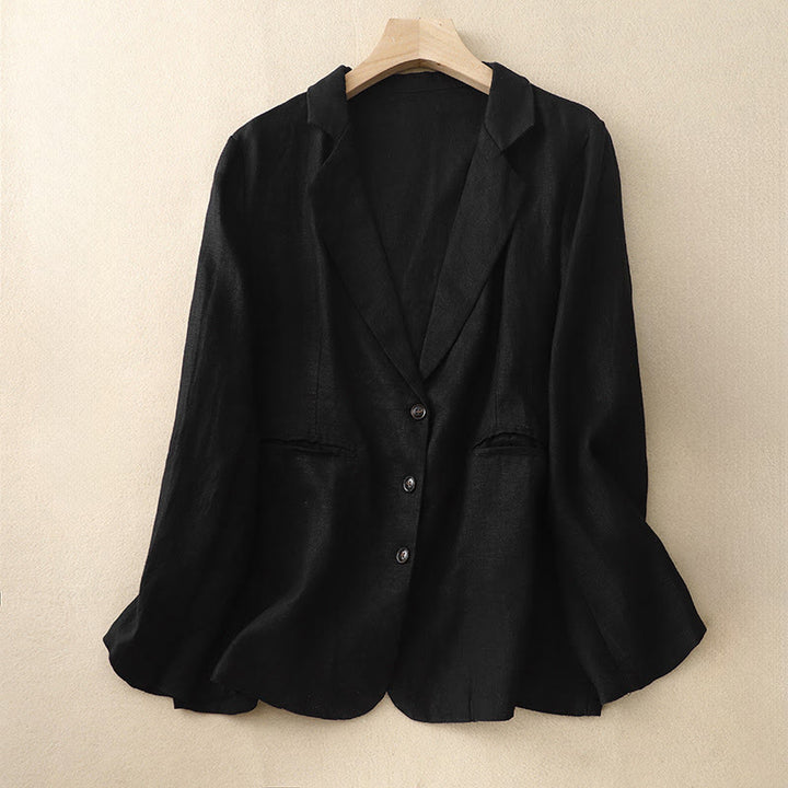 Chaqueta retro de lino y algodón con solapa de color puro para mujer con bolsillos Buddha Stones Commute - Negro - US14，UK/AU18，EU46 (2XL) - image 4