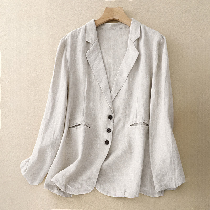 Chaqueta retro de lino y algodón con solapa de color puro para mujer con bolsillos Buddha Stones Commute - FloralBlanco - US14，UK/AU18，EU46 (2XL) - image 8